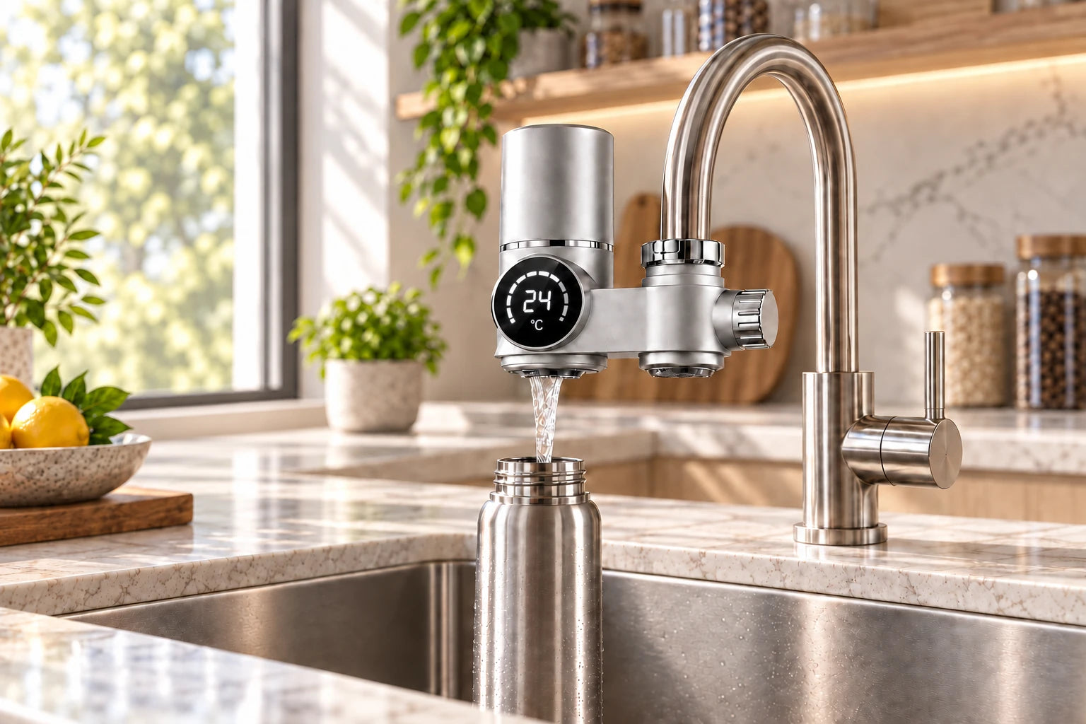 Une gourde inox remplie au robinet avec EAUNEPUR